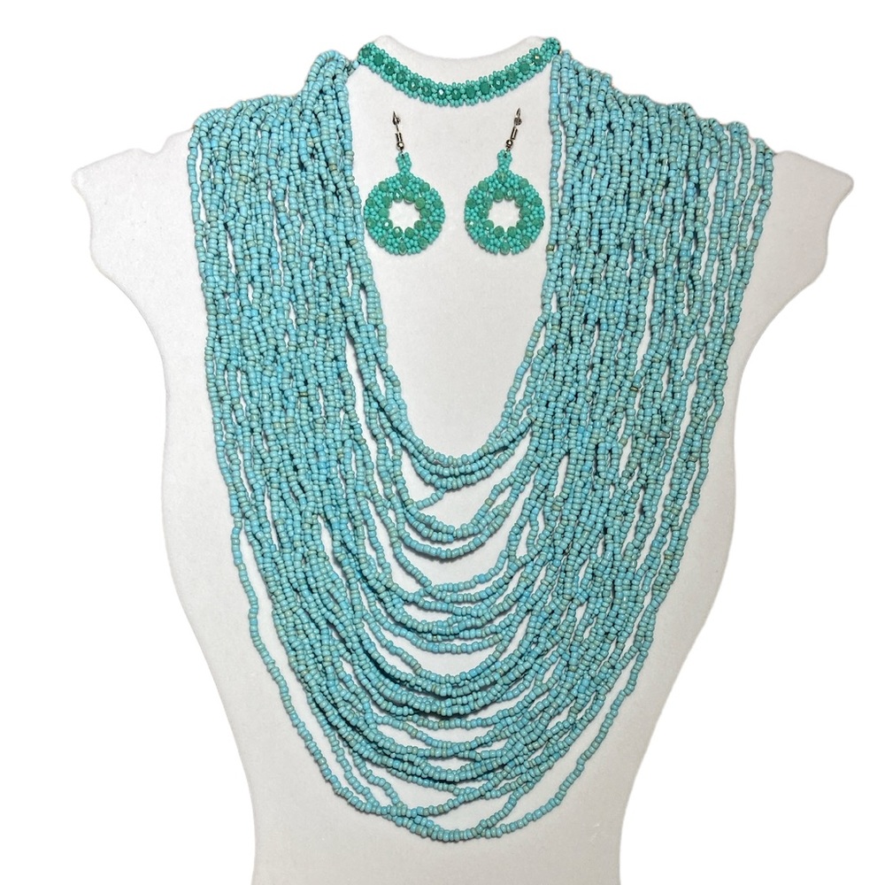 Huichol Jewelry 3 Pcs. Set, Handcrafted Mexican Artisan, Beads,Hippie,Boho,Blue